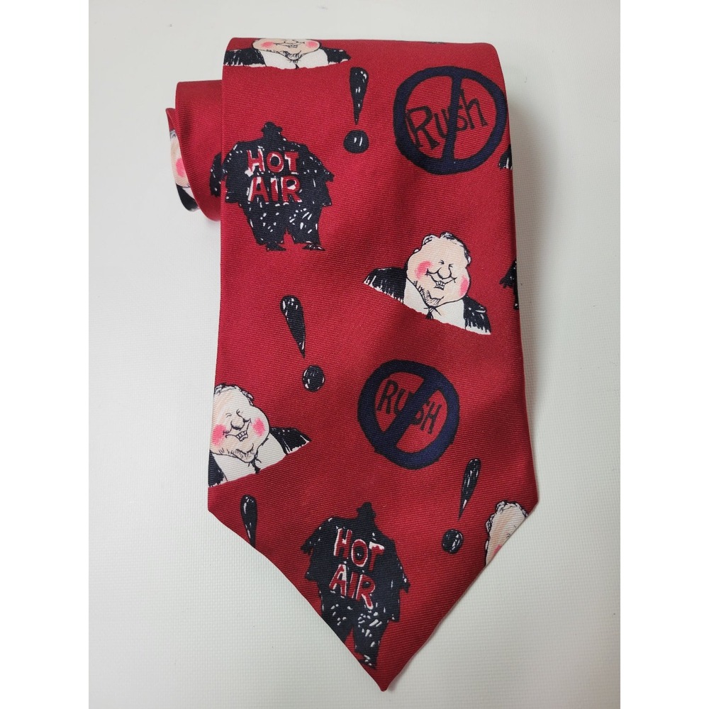 Vtg NWT Anti Rush Limbaugh Liberal Mike Lukovich Men's Red Novelty Tie Silk‎